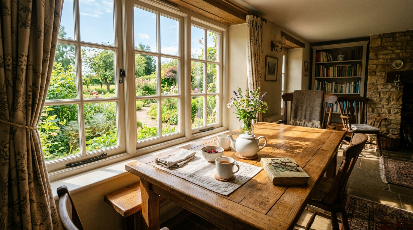 A sunlit wooden table by a garden window, with tea cups, a book, and flowers.